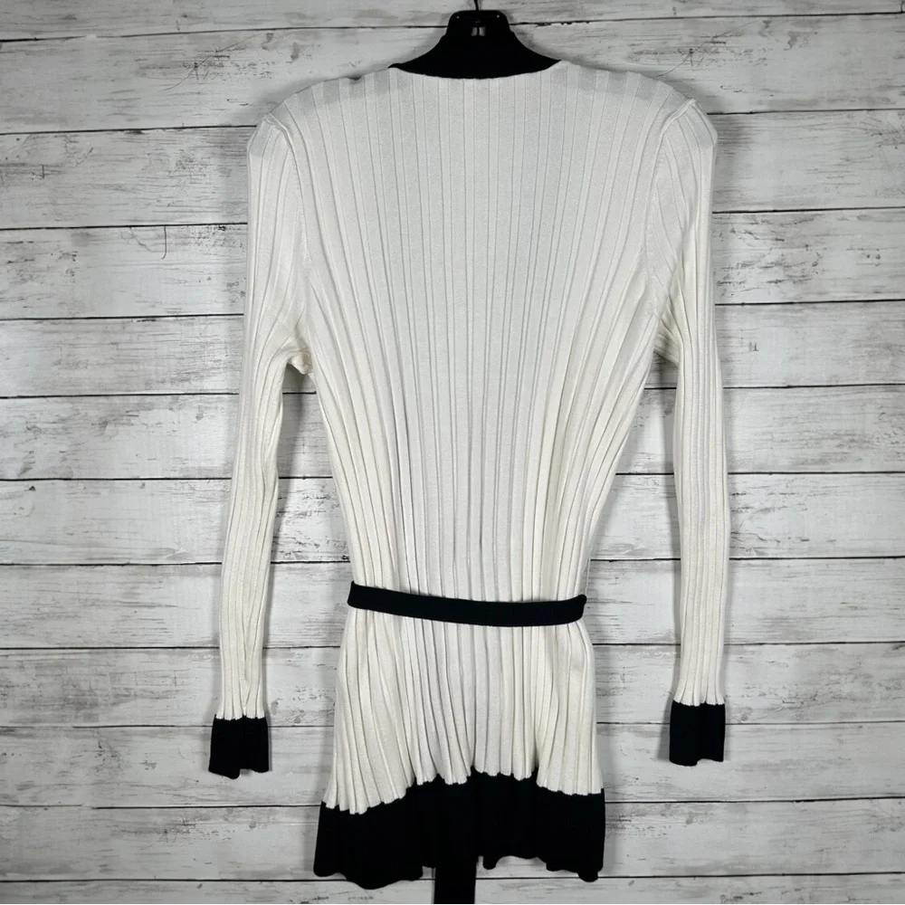 WHBM Ribbed Ivory Black Rayon Nylon Long Optional Belted Cardigan Sweater XL - Picture 5 of 10